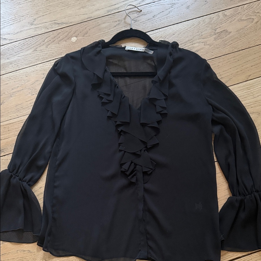Alice + Olivia Black Ruffle V-Neck Long Sleeve Blouse